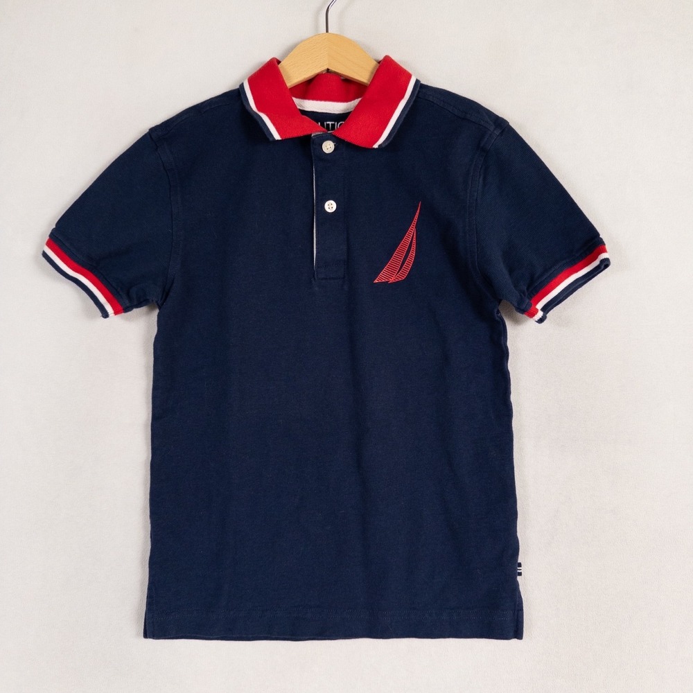 Nautica Polo Shirt Boys Sz Small 8 Navy Blue Nautical Preppy School Casual